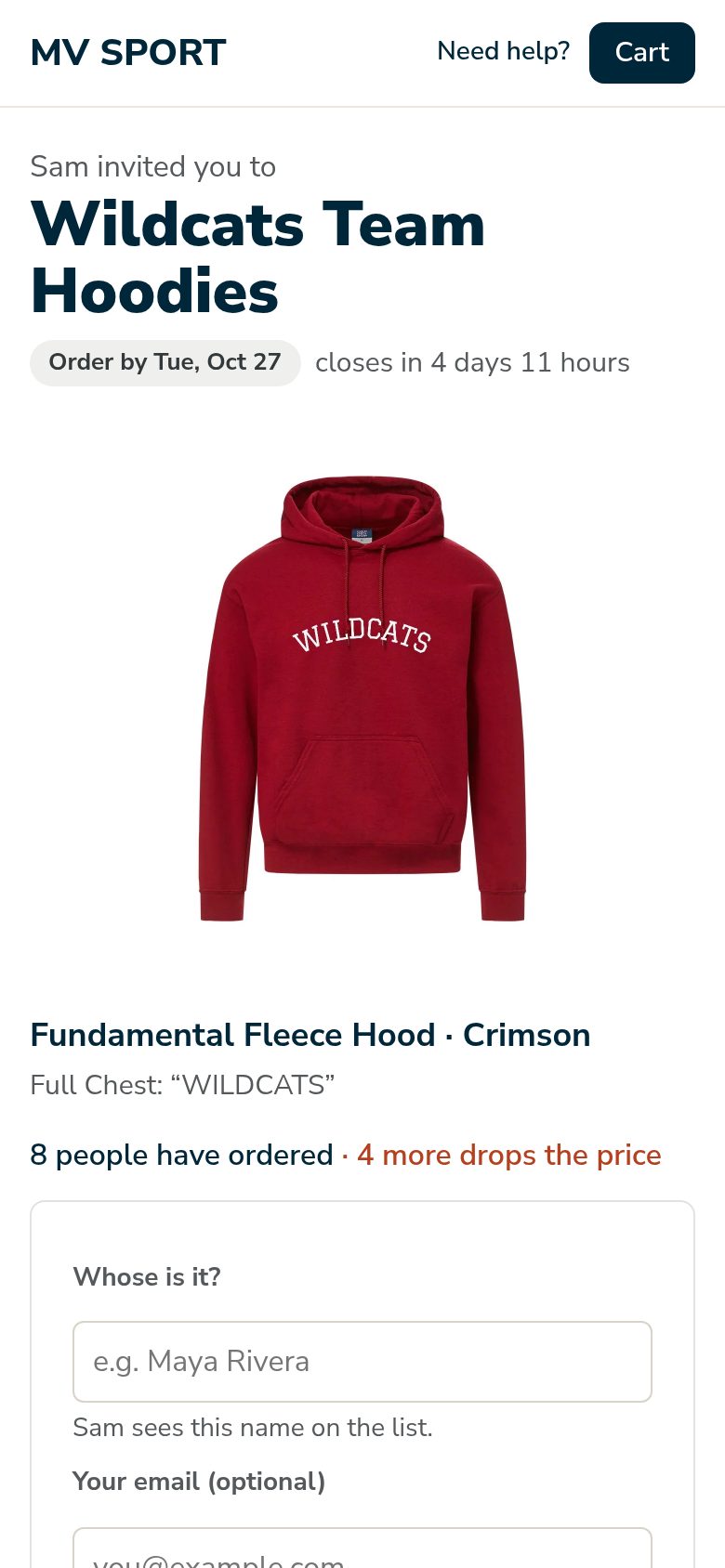 What a teammate sees on a phone: the group's hoodie, the close date, how many have ordered, and a form to pick a size