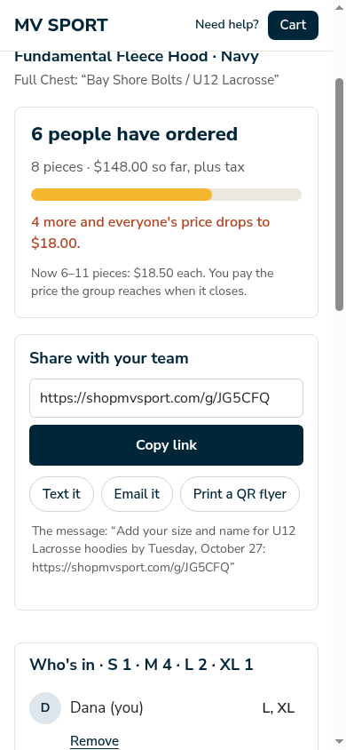 The organiser's page: share the link, see who has ordered
